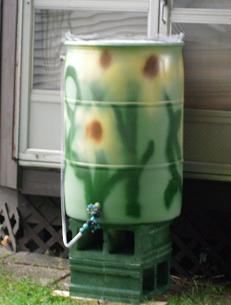 decorated rain barrel